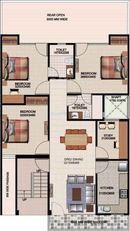 Floor plan of 3 BHK 1744 Sq. Ft. Apartment in Aditya Willow 162, Ghaziabad
