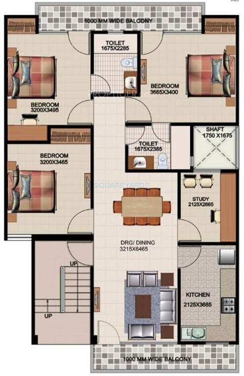 Floor plan of 3 BHK 1746 Sq. Ft. Apartment in Aditya Willow 162, Ghaziabad