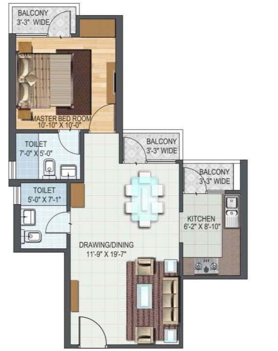 Floor plan of 1 BHK 783 Sq. Ft. Apartment in Aditya World City Residences, Ghaziabad