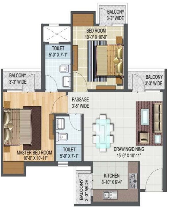 Floor plan of 2 BHK 921 Sq. Ft. Apartment in Aditya World City Residences, Ghaziabad