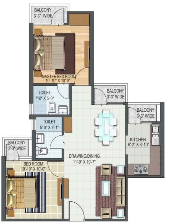 Floor plan of 2 BHK 965 Sq. Ft. Apartment in Aditya World City Residences, Ghaziabad