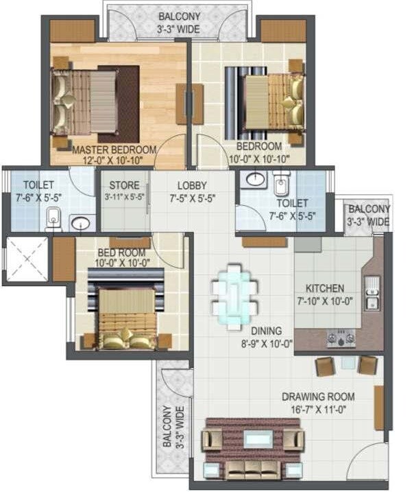 Floor plan of 3 BHK 1299 Sq. Ft. Apartment in Aditya World City Residences, Ghaziabad