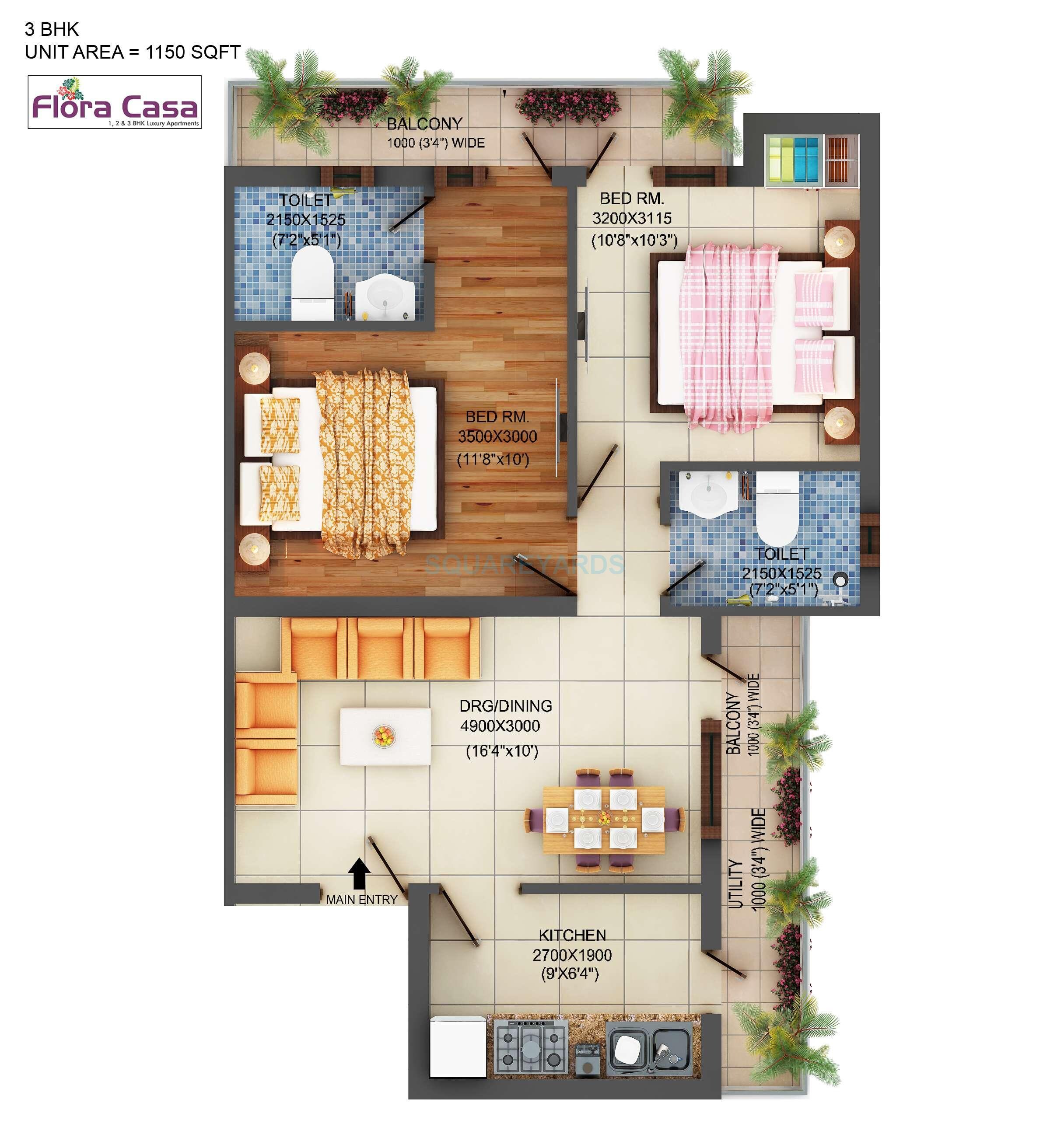 Floor plan of 2 BHK 1140 Sq. Ft. Apartment in Adwik Group Flora Casa, Ghaziabad
