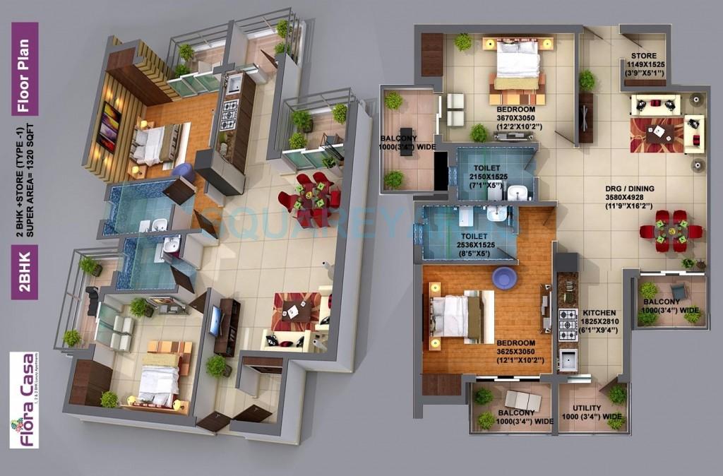 Floor plan of 2 BHK 1320 Sq. Ft. Apartment in Adwik Group Flora Casa, Ghaziabad