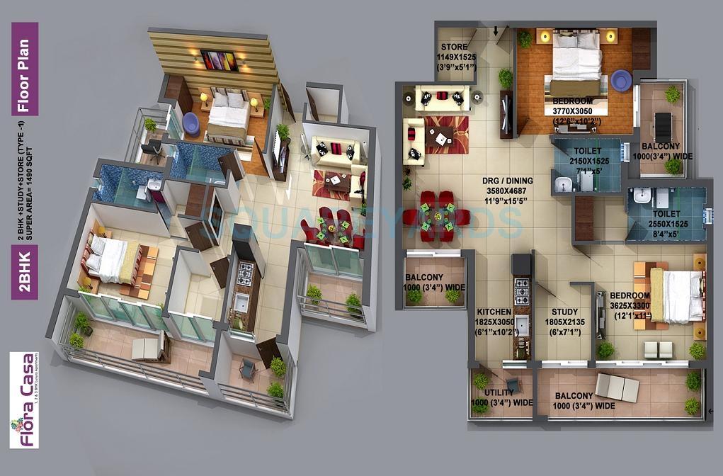 Floor plan of 2 BHK 1490 Sq. Ft. Apartment in Adwik Group Flora Casa, Ghaziabad