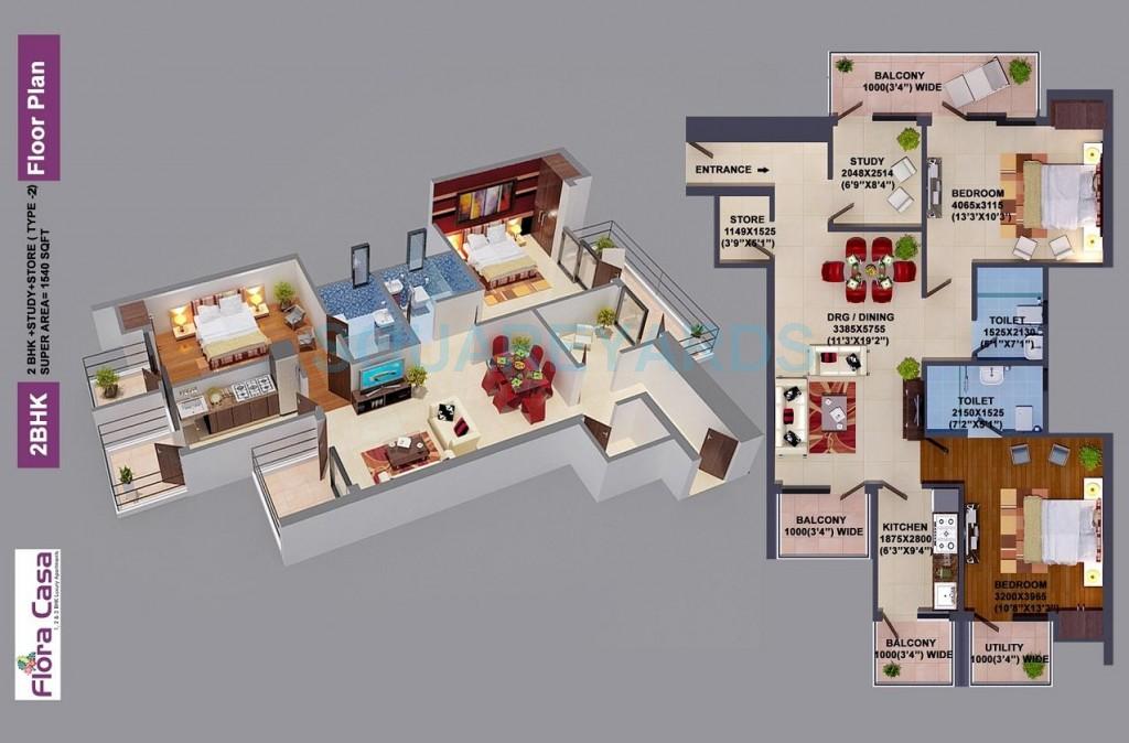 Floor plan of 2 BHK 1540 Sq. Ft. Apartment in Adwik Group Flora Casa, Ghaziabad