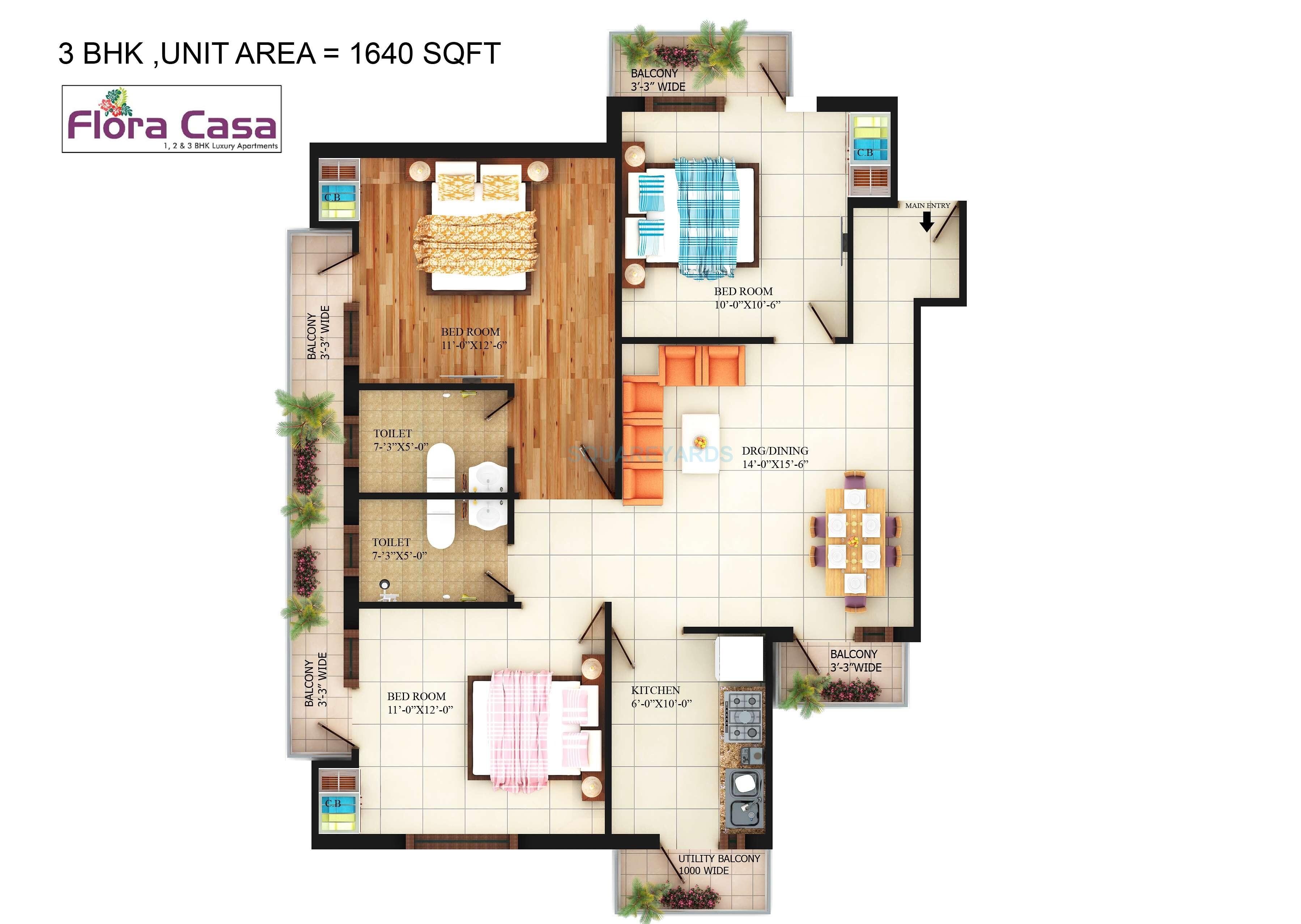 Floor plan of 3 BHK 1640 Sq. Ft. Apartment in Adwik Group Flora Casa, Ghaziabad