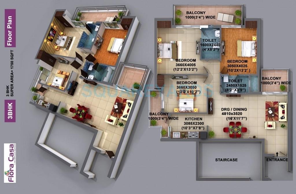 Floor plan of 3 BHK 1750 Sq. Ft. Apartment in Adwik Group Flora Casa, Ghaziabad