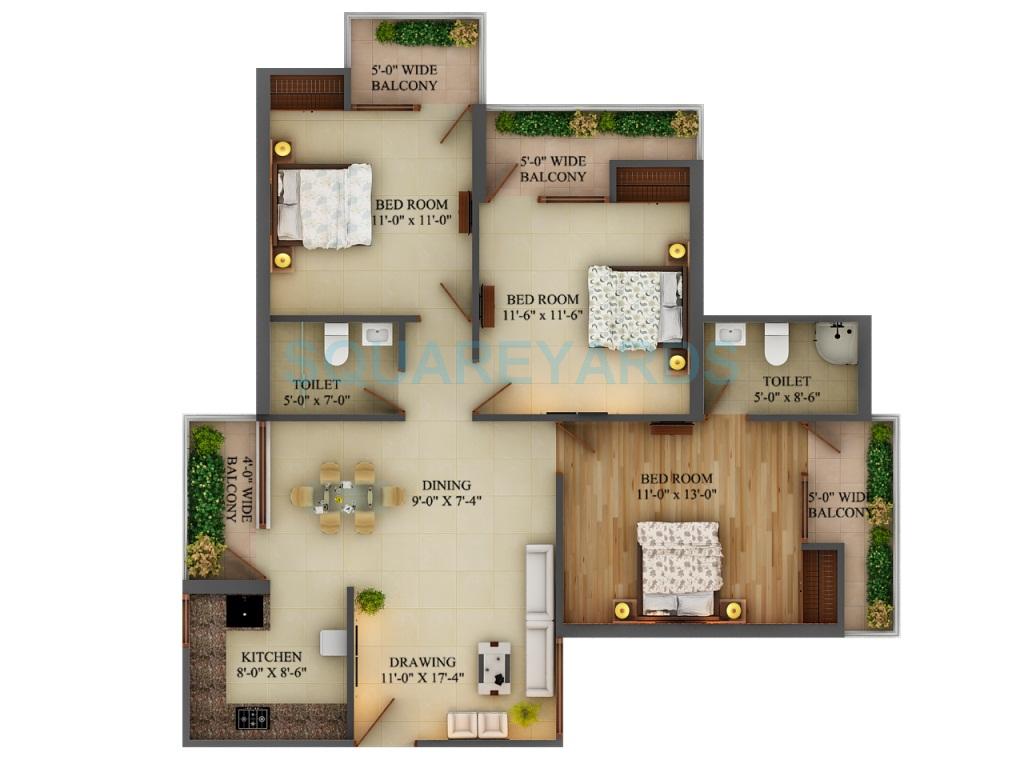 Floor plan of 3 BHK 1495 Sq. Ft. Apartment in Adwik Group Grand Casa, Ghaziabad