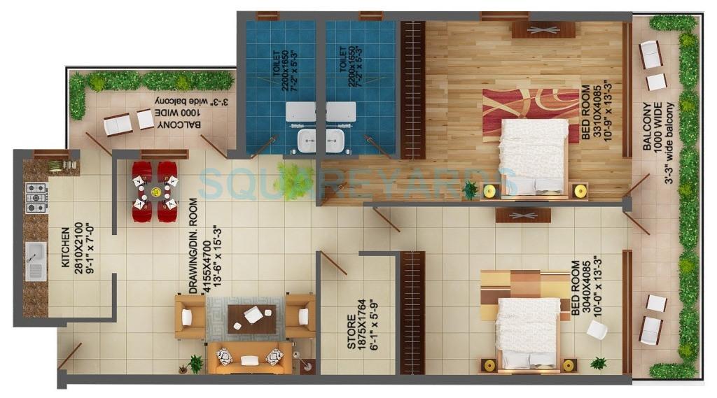 Floor plan of 2 BHK 1140 Sq. Ft. Apartment in Adwik Group La Casa, Ghaziabad