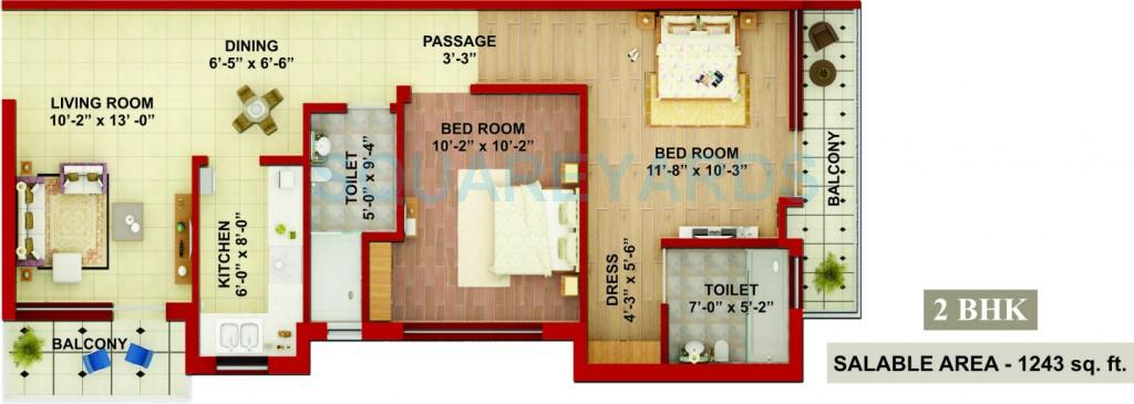 Floor plan of 2 BHK 1243 Sq. Ft. Apartment in Adwik Group La Casa, Ghaziabad