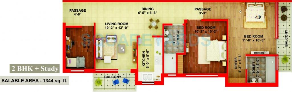 Floor plan of 2 BHK 1344 Sq. Ft. Apartment in Adwik Group La Casa, Ghaziabad