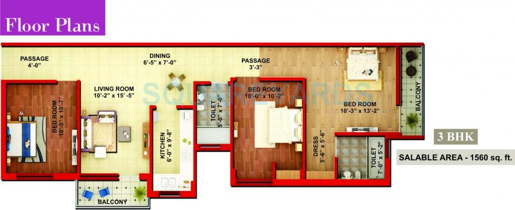 Floor plan of 3 BHK 1560 Sq. Ft. Apartment in Adwik Group La Casa, Ghaziabad