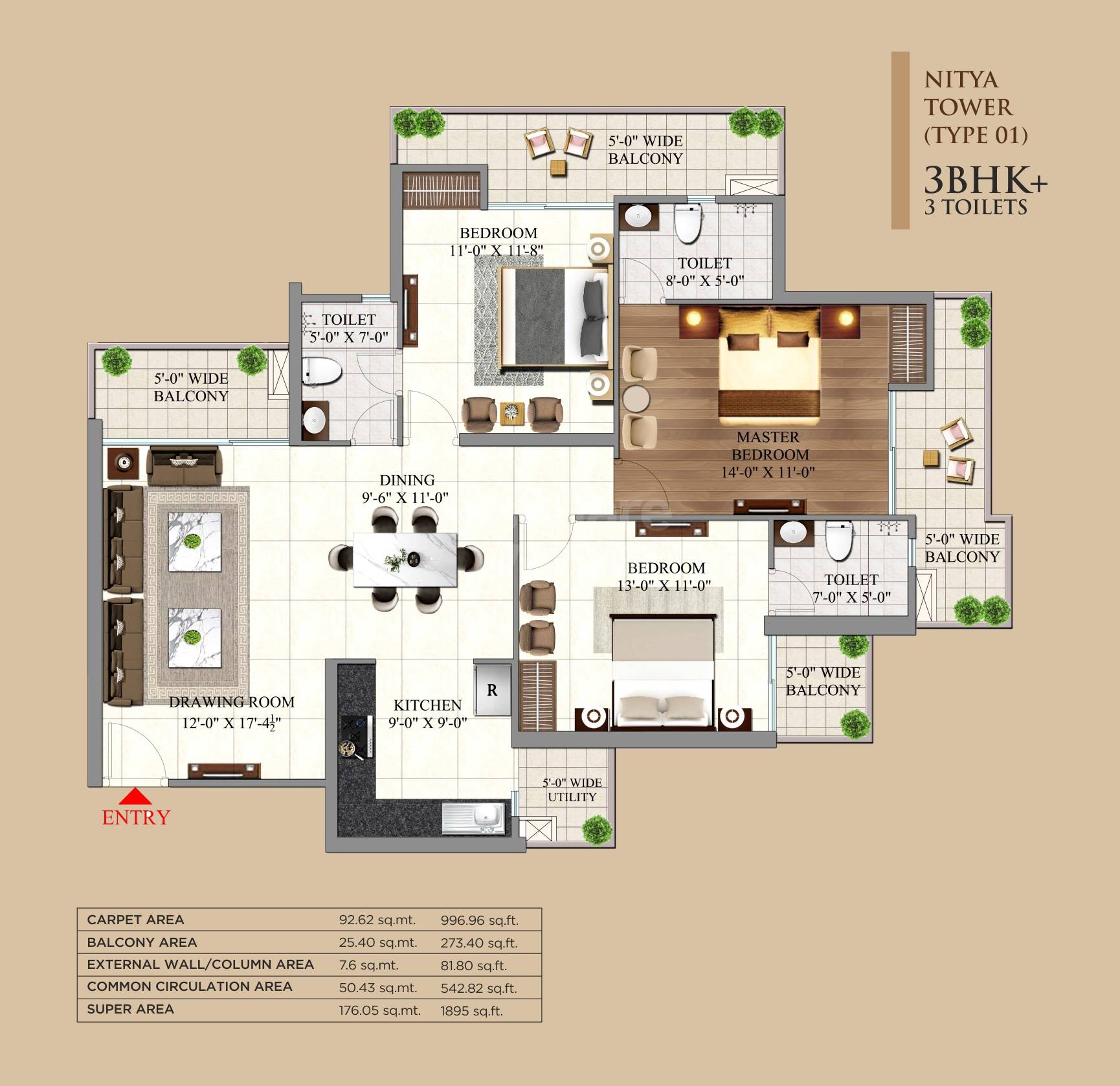 Floor plan of 3 BHK 1895 Sq. Ft. Apartment in AIGIN Royal Park, Ghaziabad