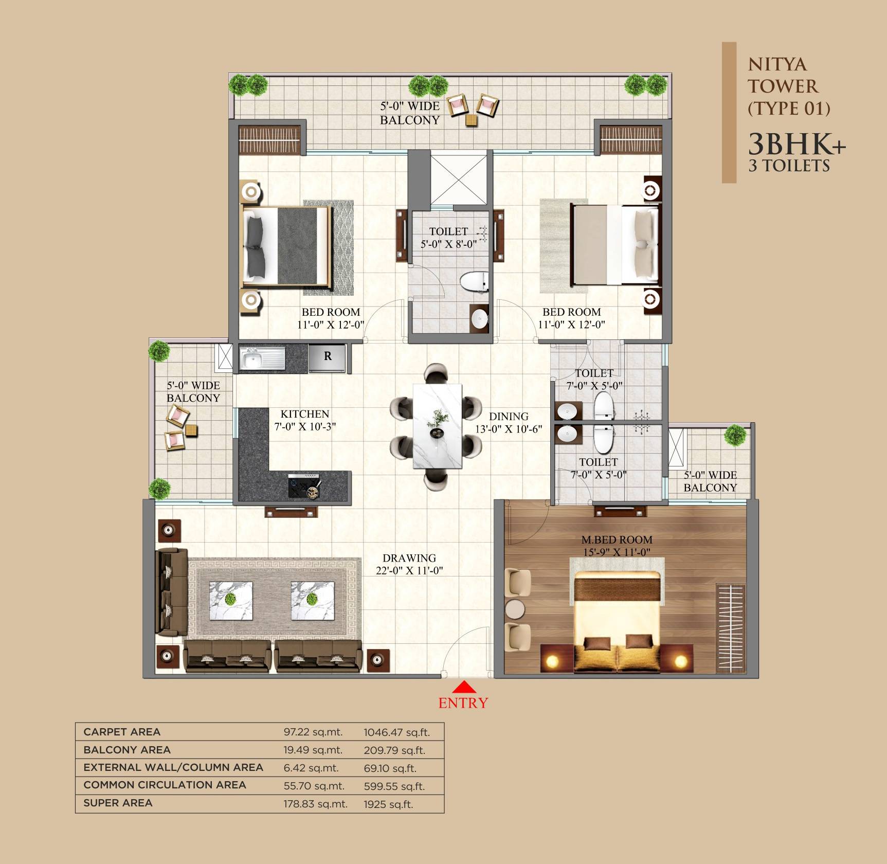 Floor plan of 3 BHK 1925 Sq. Ft. Apartment in AIGIN Royal Park, Ghaziabad