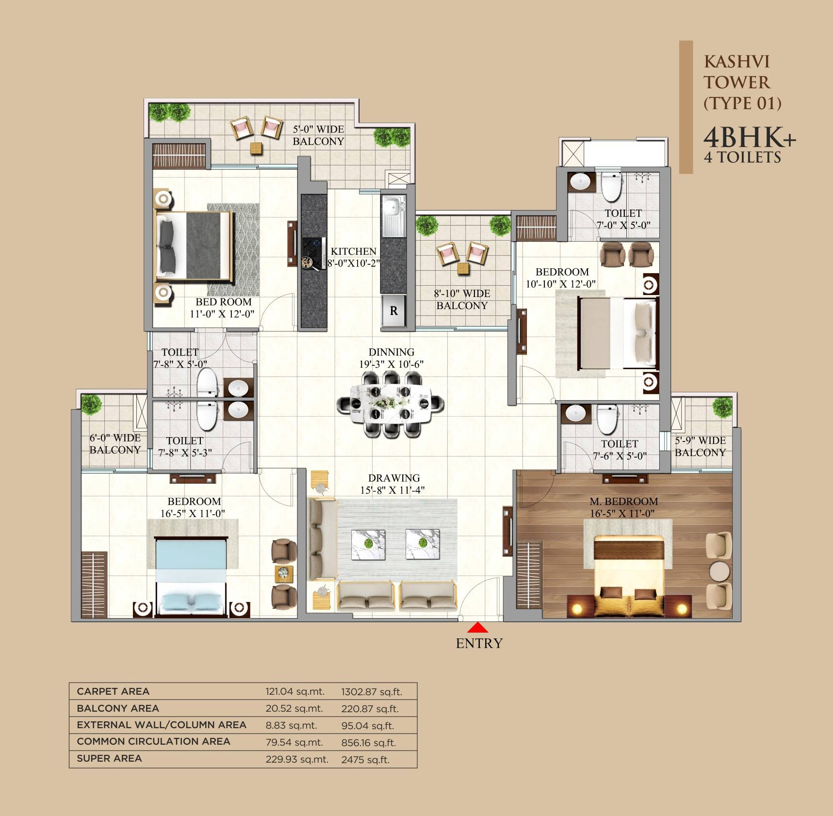 Floor plan of 4 BHK 2475 Sq. Ft. Apartment in AIGIN Royal Park, Ghaziabad