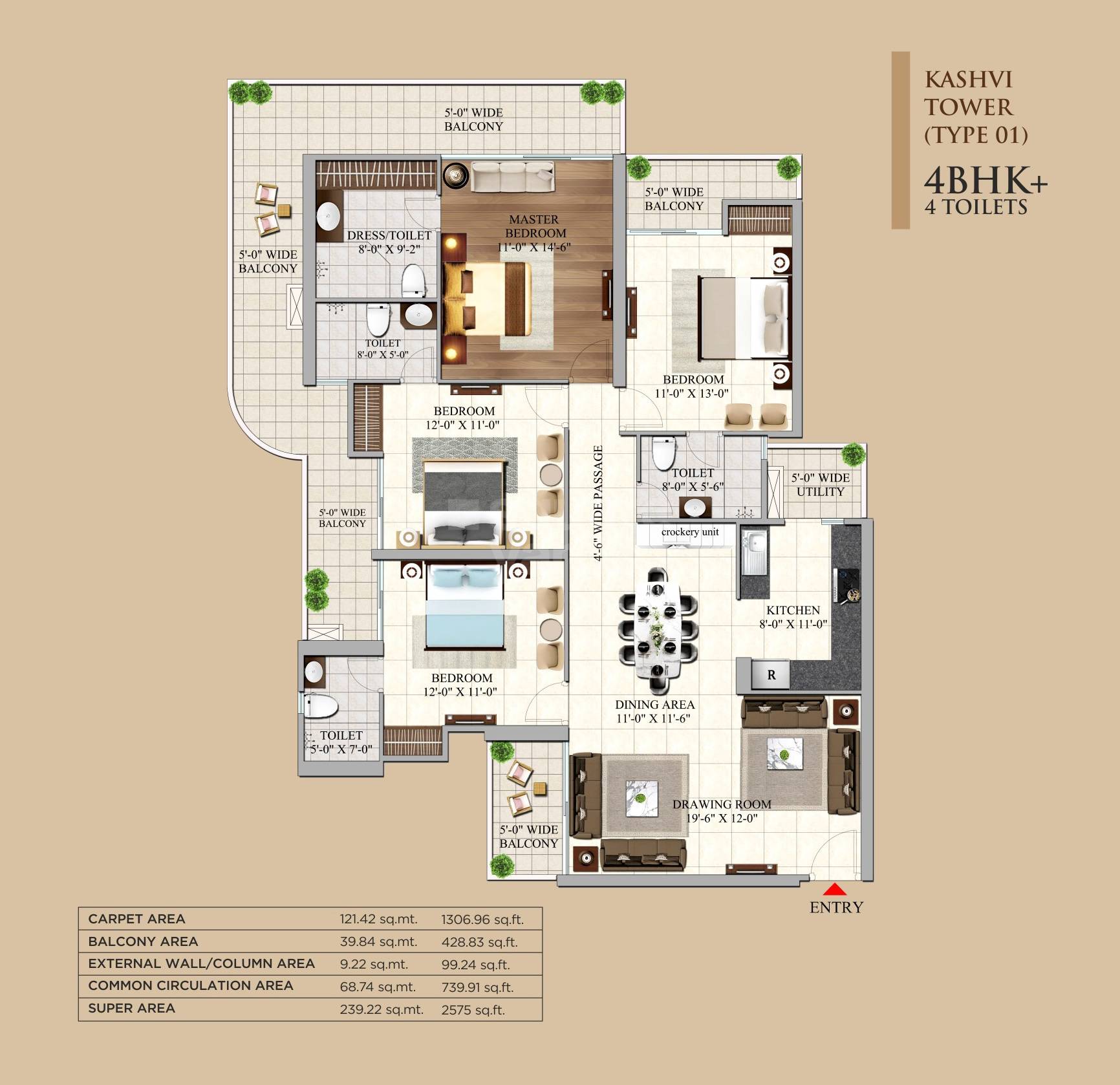 Floor plan of 4 BHK 2575 Sq. Ft. Apartment in AIGIN Royal Park, Ghaziabad