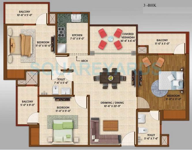 Floor plan of 3 BHK 1300 Sq. Ft. Apartment in Ajnara Enclave, Ghaziabad