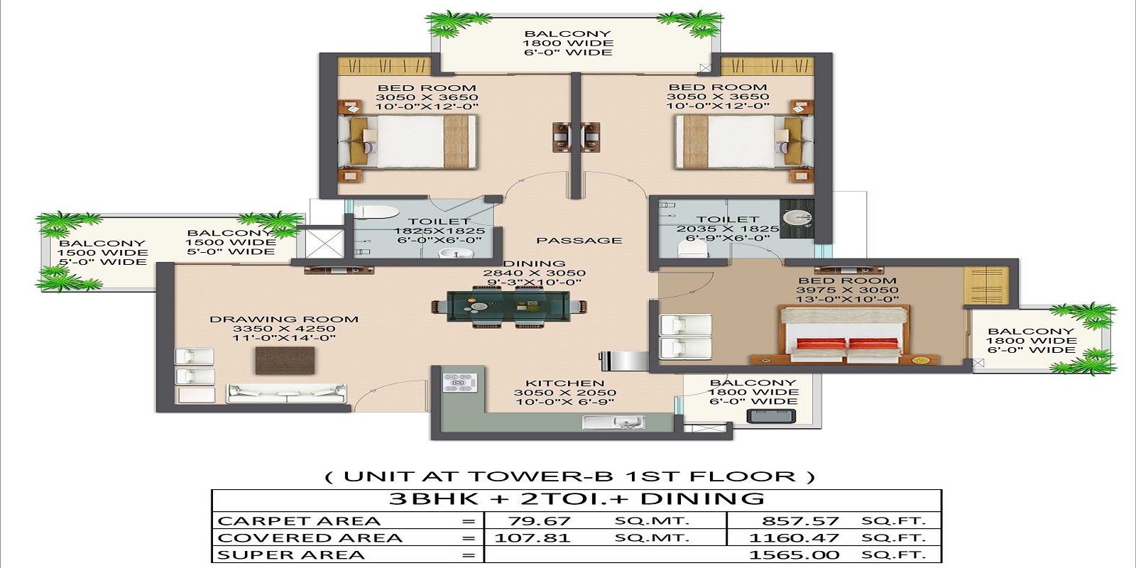 3 BHK 1565 Sq. Ft. Apartment in Ajnara Fragrance