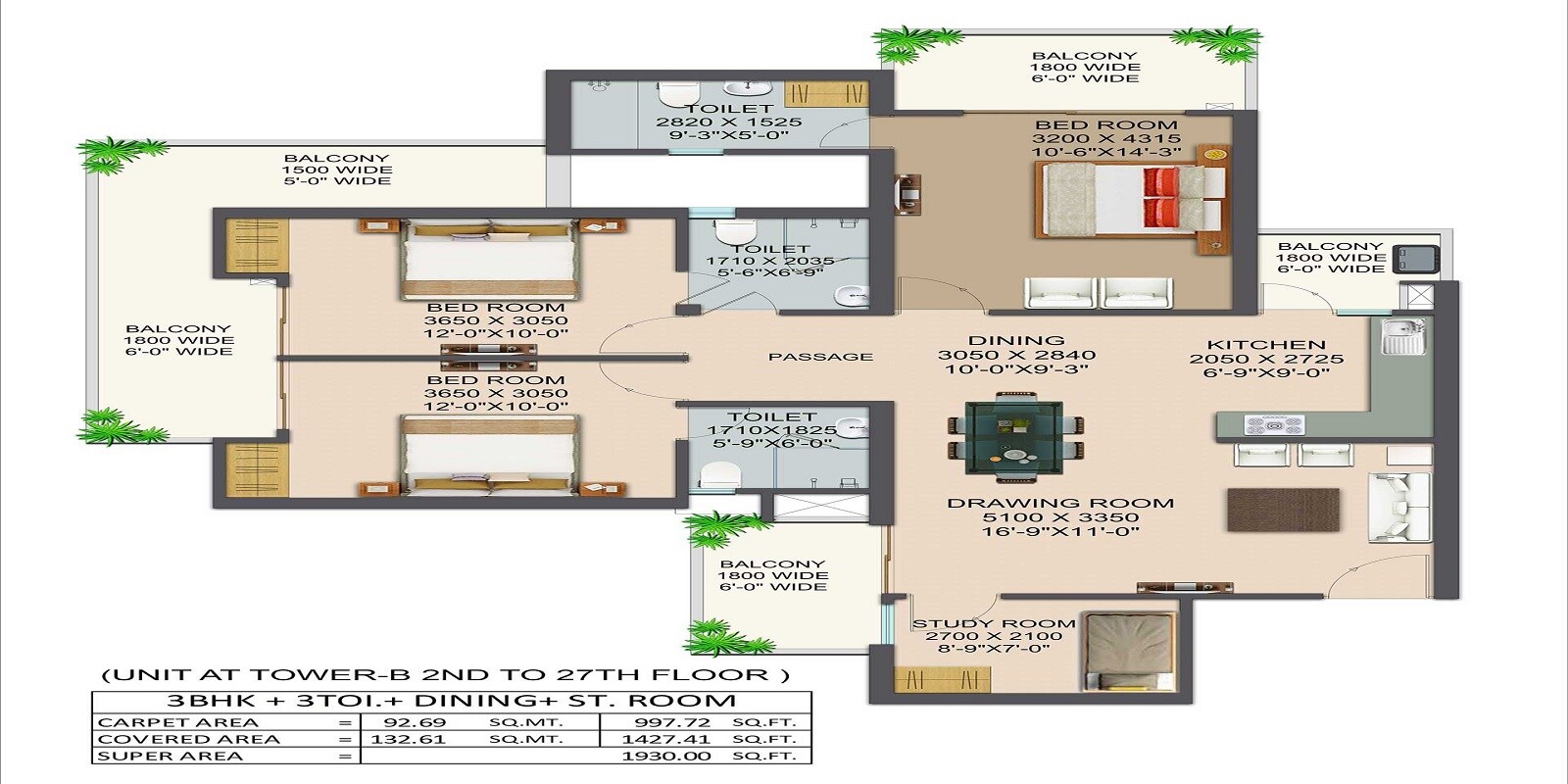 3 BHK 1930 Sq. Ft. Apartment