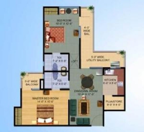 Floor plan of 2 BHK 1000 Sq. Ft. Apartment in Ajnara Gen X, Ghaziabad