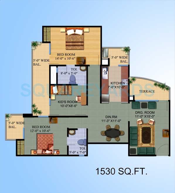 Floor plan of 2 BHK 1530 Sq. Ft. Apartment in Ajnara Gen X, Ghaziabad