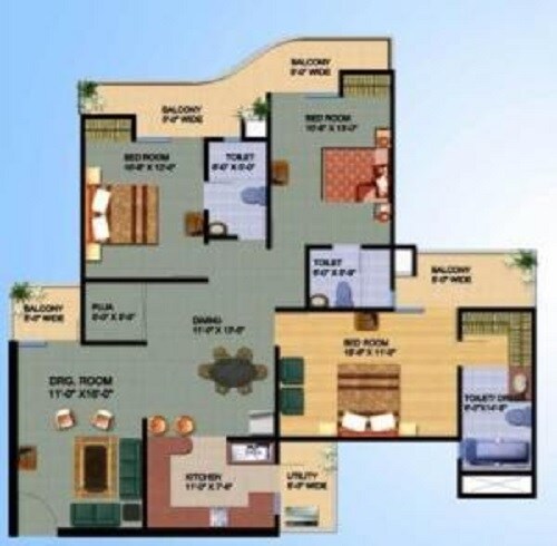Floor plan of 3 BHK 2017 Sq. Ft. Apartment in Ajnara Gen X, Ghaziabad