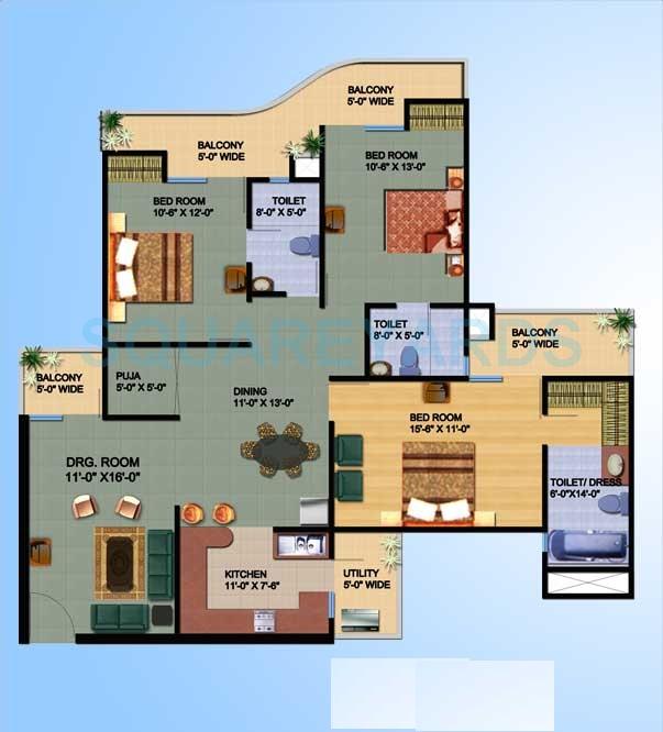 Floor plan of 3 BHK 1800 Sq. Ft. Apartment in Ajnara Gen X, Ghaziabad