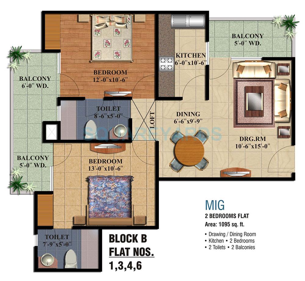 Floor plan of 2 BHK 1095 Sq. Ft. Apartment in Ajnara Grace, Ghaziabad