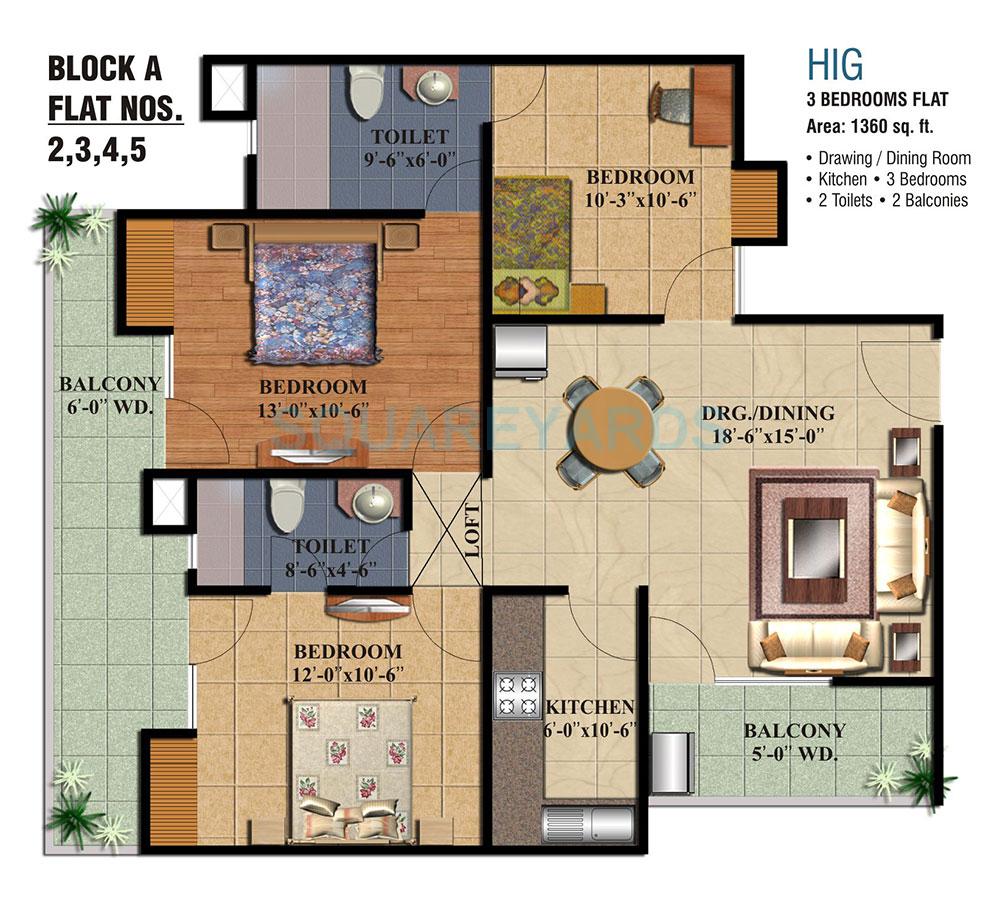 Floor plan of 3 BHK 1360 Sq. Ft. Apartment in Ajnara Grace, Ghaziabad