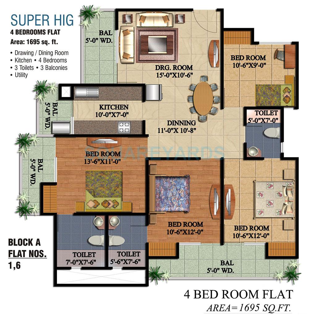 Floor plan of 4 BHK 1695 Sq. Ft. Apartment in Ajnara Grace, Ghaziabad