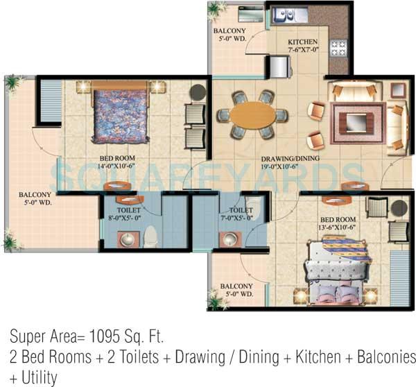 Floor plan of 2 BHK 1095 Sq. Ft. Apartment in Ajnara Integrity, Ghaziabad