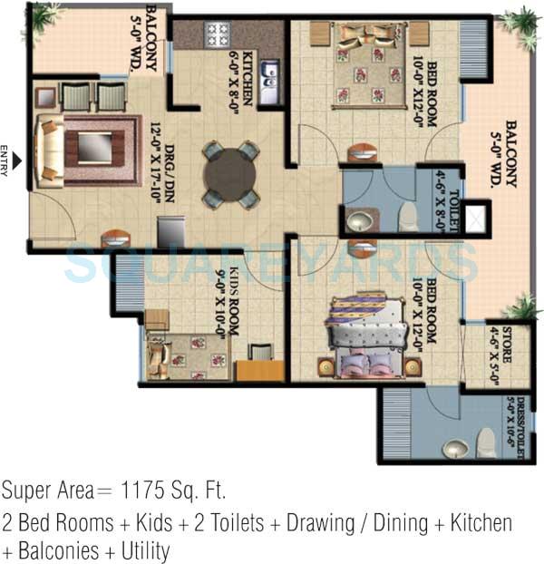 Floor plan of 2 BHK 1175 Sq. Ft. Apartment in Ajnara Integrity, Ghaziabad