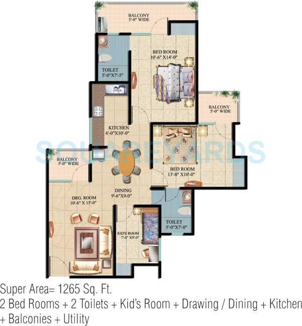 Floor plan of 2 BHK 1265 Sq. Ft. Apartment in Ajnara Integrity, Ghaziabad