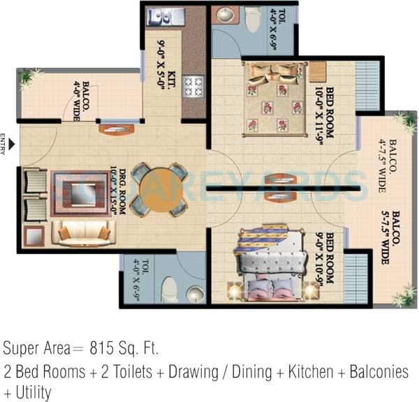 Floor plan of 2 BHK 815 Sq. Ft. Apartment in Ajnara Integrity, Ghaziabad