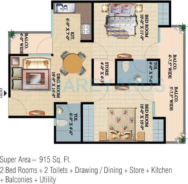 Floor plan of 2 BHK 915 Sq. Ft. Apartment in Ajnara Integrity, Ghaziabad