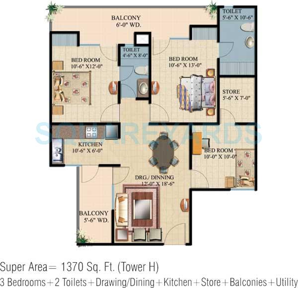 Floor plan of 3 BHK 1370 Sq. Ft. Apartment in Ajnara Integrity, Ghaziabad