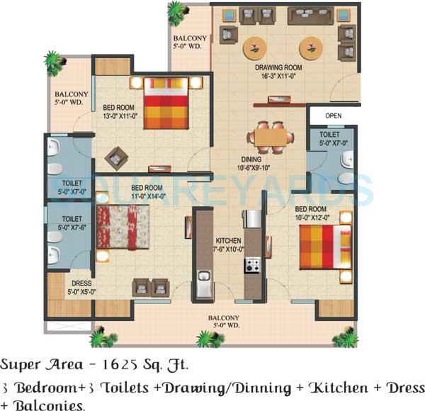 Floor plan of 3 BHK 1625 Sq. Ft. Apartment in Ajnara Integrity, Ghaziabad