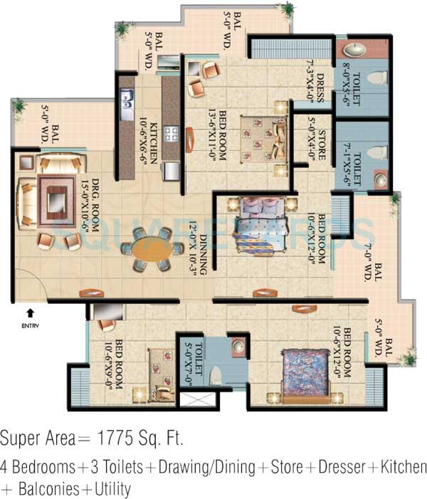 Floor plan of 4 BHK 1775 Sq. Ft. Apartment in Ajnara Integrity, Ghaziabad