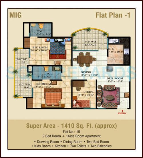 Floor plan of 2 BHK 1410 Sq. Ft. Apartment in Ajnara Pride, Ghaziabad