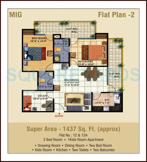 Floor plan of 2 BHK 1437 Sq. Ft. Apartment in Ajnara Pride, Ghaziabad