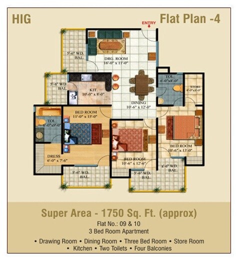 Floor plan of 3 BHK 1750 Sq. Ft. Apartment in Ajnara Pride, Ghaziabad