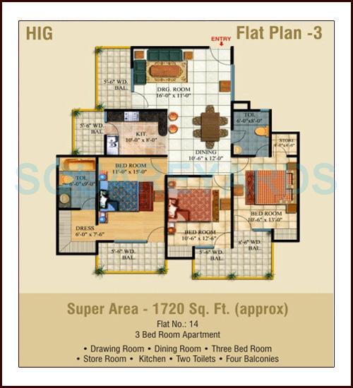 Floor plan of 3 BHK 1720 Sq. Ft. Apartment in Ajnara Pride, Ghaziabad