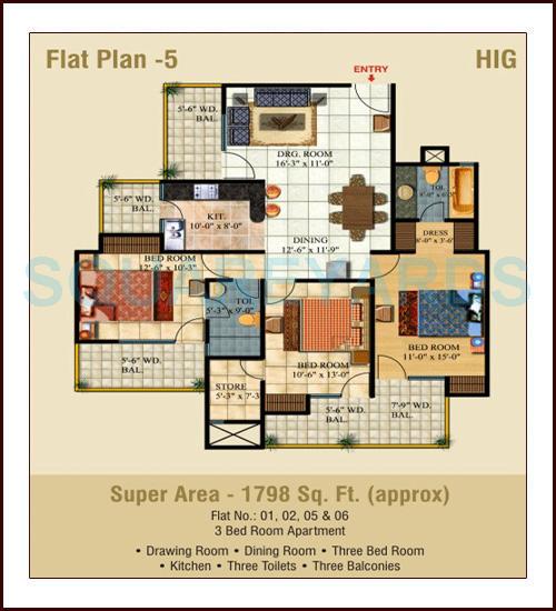 Floor plan of 3 BHK 1798 Sq. Ft. Apartment in Ajnara Pride, Ghaziabad