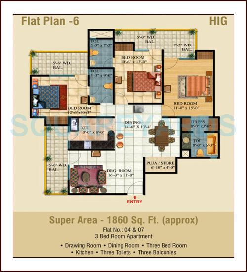 Floor plan of 3 BHK 1860 Sq. Ft. Apartment in Ajnara Pride, Ghaziabad