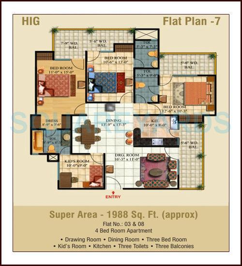 Floor plan of 3 BHK 1988 Sq. Ft. Apartment in Ajnara Pride, Ghaziabad
