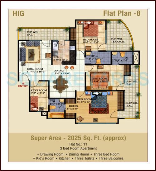 Floor plan of 3 BHK 2025 Sq. Ft. Apartment in Ajnara Pride, Ghaziabad