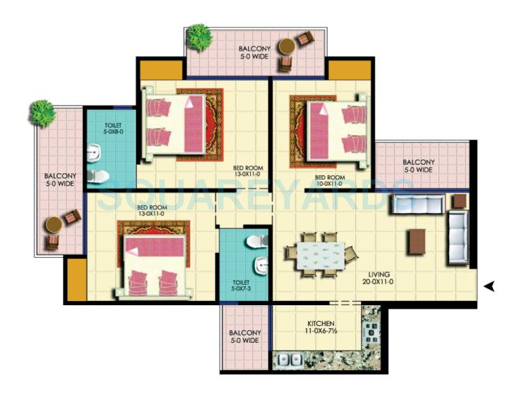 Floor plan of 3 BHK 1500 Sq. Ft. Apartment in AMR Krishna Apartment, Ghaziabad