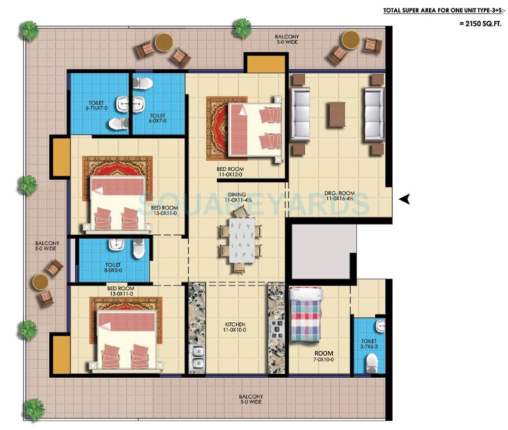 Floor plan of 3 BHK 2150 Sq. Ft. Apartment in AMR Krishna Apartment, Ghaziabad