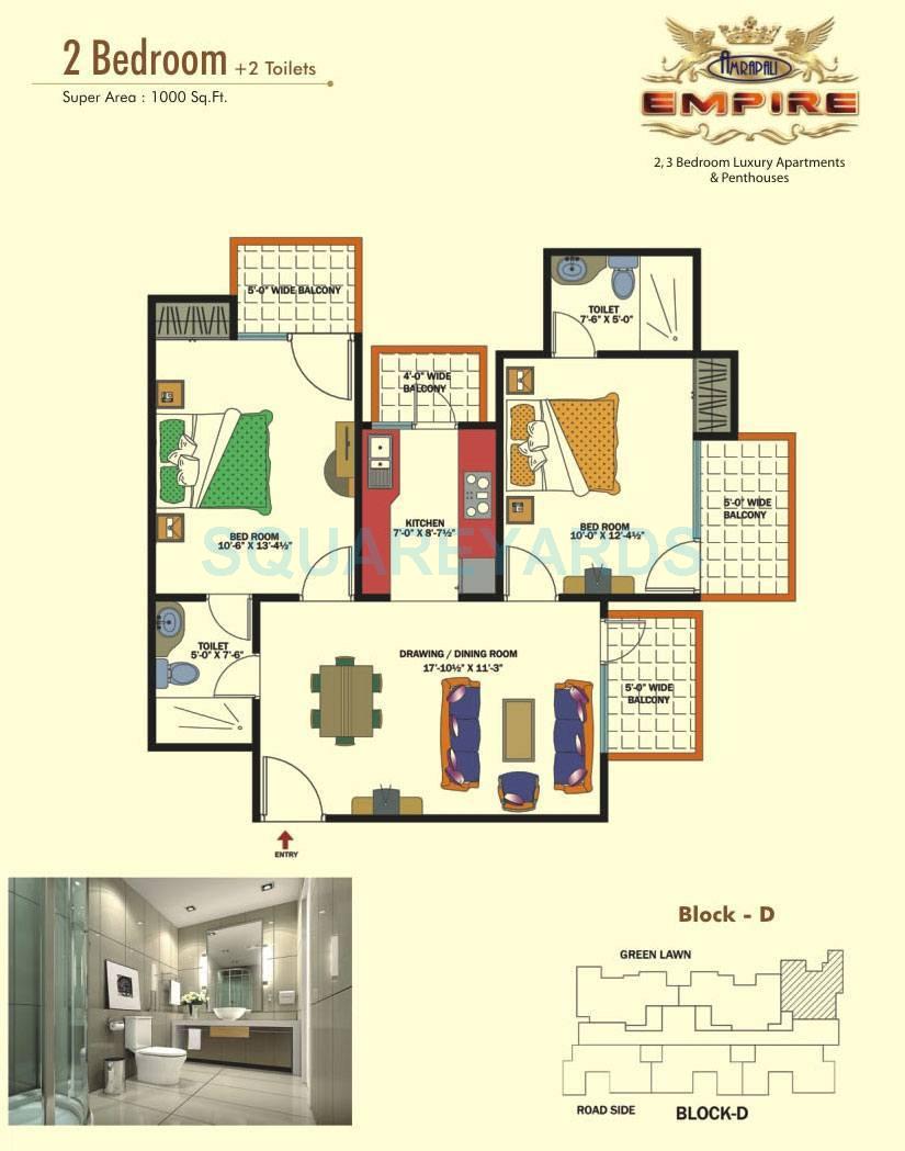 Floor plan of 2 BHK 1000 Sq. Ft. Apartment in Amrapali Empire, Ghaziabad